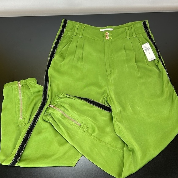 Anthropologie Deandra Green Tuxedo Satin Joggers 4 Ankle Zip Viscose High Rise - Picture 4 of 16